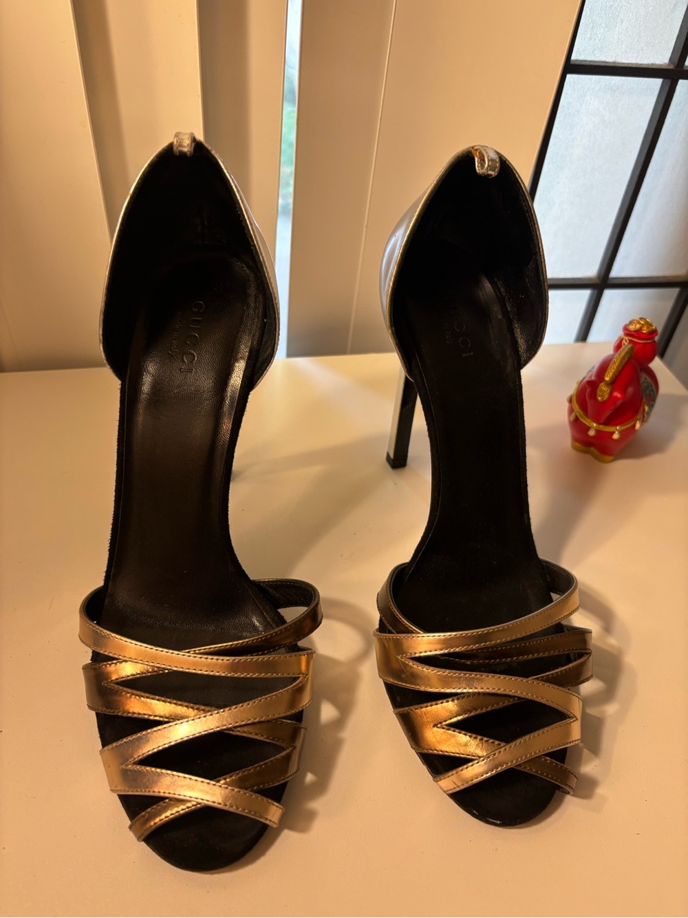 Gucci Black and Gold Strappy High Heels with Metallic Cross Straps